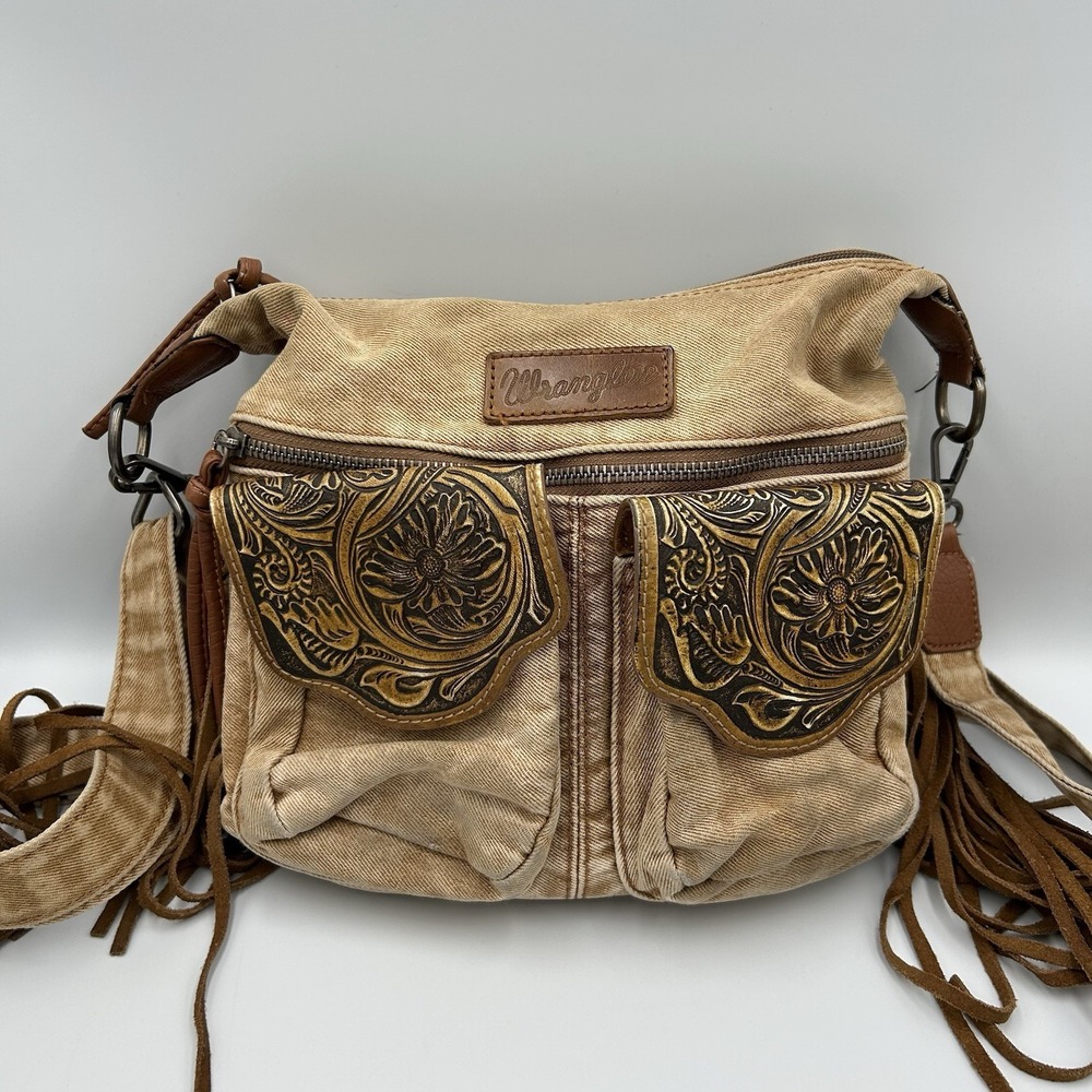 Wrangler Ladies Fringe Floral Tooled Black Denim Crossbody Bag Western